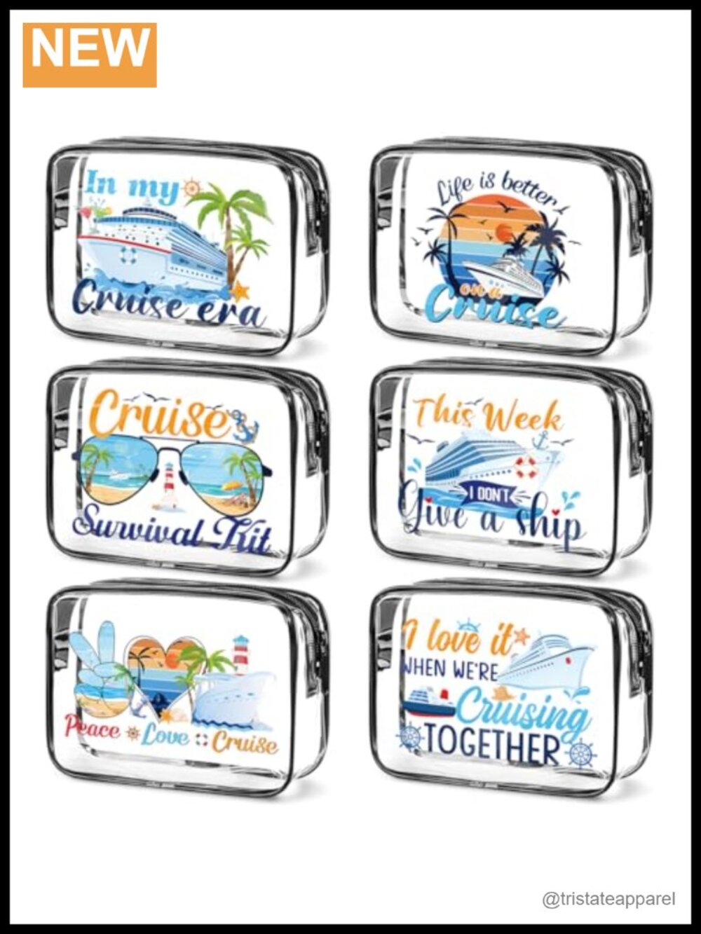 6 Clear Cruise Themed Waterproof Cosmetic Bags Set for Travel